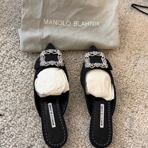 Brand New Manolo Blahnik Black Satin Crystal Buckle Mules